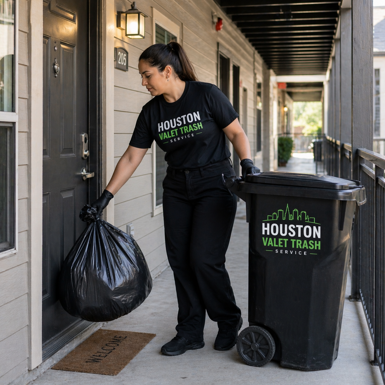 Valet trash service worker collecting trash from apartment doorstep in Houston TX