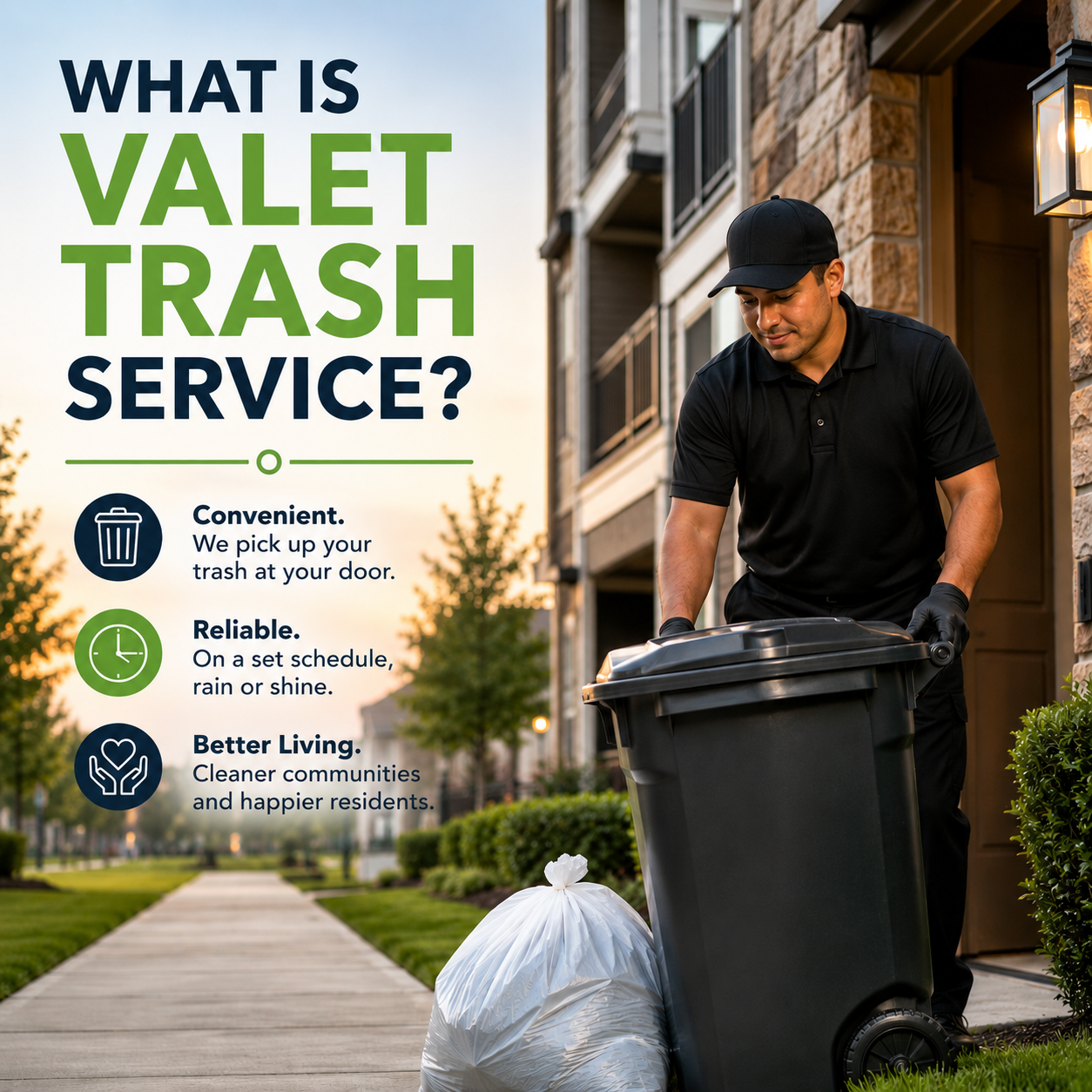 What Is Valet Trash Service? — Houston Valet Trash worker collecting bagged trash from an apartment doorstep at dusk